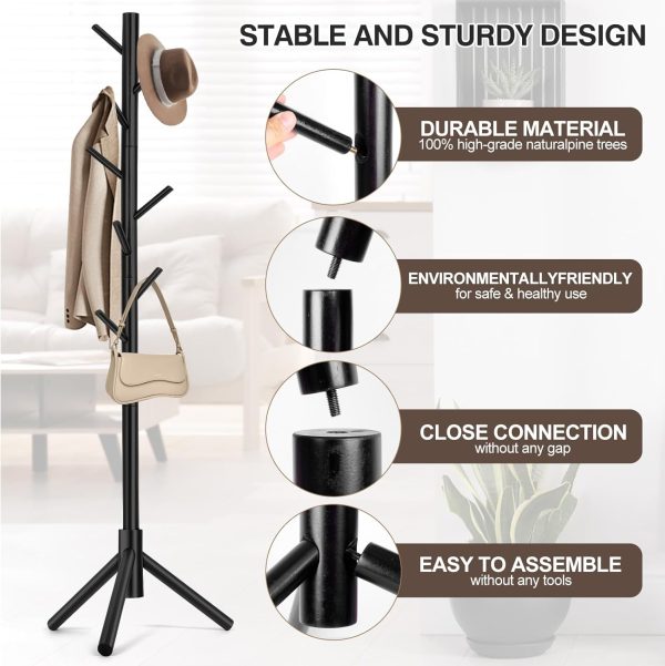 WANGMUXIA Coat Rack, Freestanding Coat Rack with 8 Hooks and 3 Adjustable Size Tree Coat Racks for Bedroom, Hallway, Entrance, Office, for Hats, Coats, Scarves, Handbags - Image 3