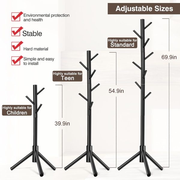 WANGMUXIA Coat Rack, Freestanding Coat Rack with 8 Hooks and 3 Adjustable Size Tree Coat Racks for Bedroom, Hallway, Entrance, Office, for Hats, Coats, Scarves, Handbags - Image 6